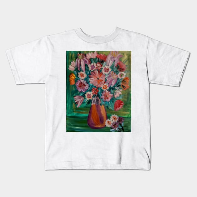 Some abstract mixed flowers in a metallic vase Kids T-Shirt by kkartwork